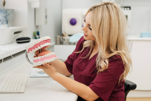 Young female dentist holding tooth model.