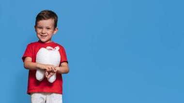 A smiling boy with healthy teeth holds a plush tooth in his hands on a blue isolated background. Oral hygiene. Pediatric dentistry. Prevention of caries. A place for your text