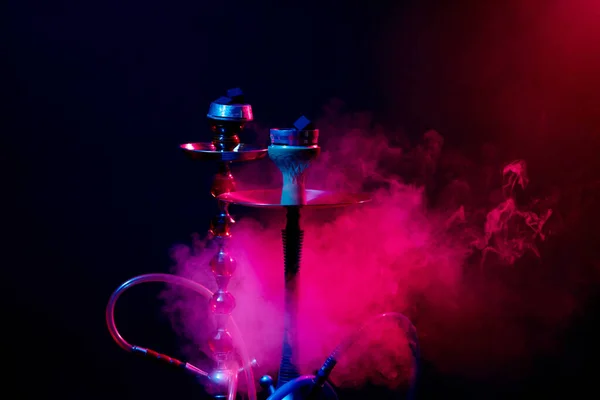 Hookah Bowl Shisha Coals Smoky Black Background Colored Lighting — Stock Photo, Image