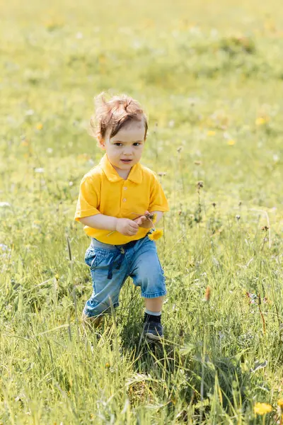 Glücklicher Junge Rennt Und Spielt Draußen Auf Feld lizenzfreie Stockbilder