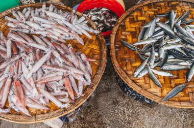 Nha Trang, Vietnam 'daki yerel Asya pazarında çeşitli taze balıklar var.