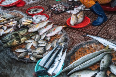 Taze balık sepeti içinde taze balık, Asya 'da bir balık pazarında satılıyor.