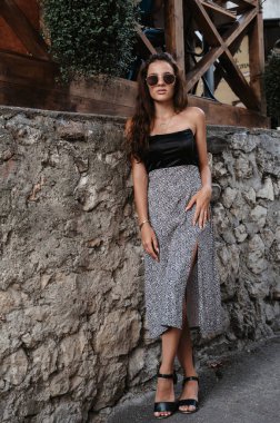 A young brunette posing against a stone wall. A beautiful and slender figure. A girl in a dress
