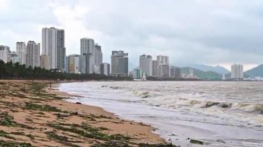 Kumsal kış fırtınasından sonra molozlarla doludur. Nha Trang, Vietnam - 14 Aralık 2024