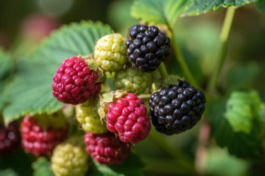 Bahçedeki bir çalılığın dalında yaprakları olan olgun bir böğürtlen manzarası..