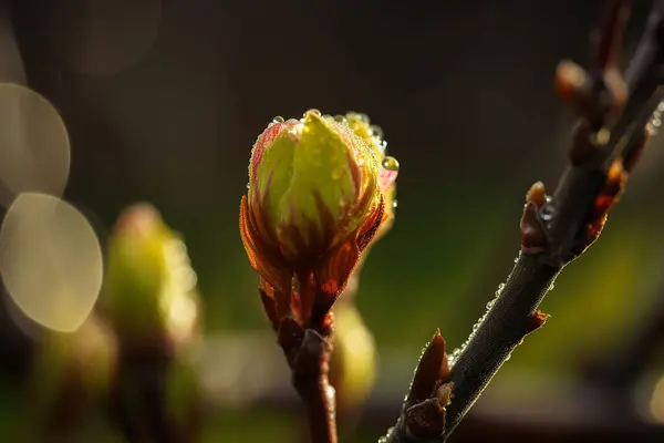 Lenteboom Met Groene Knoppen Bladeren Begint Groeien — Stockfoto