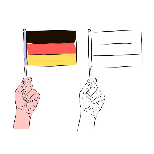 德国国旗在一个有色人种和黑白背景的人手里 德国爱国主义的概念 — 图库矢量图片