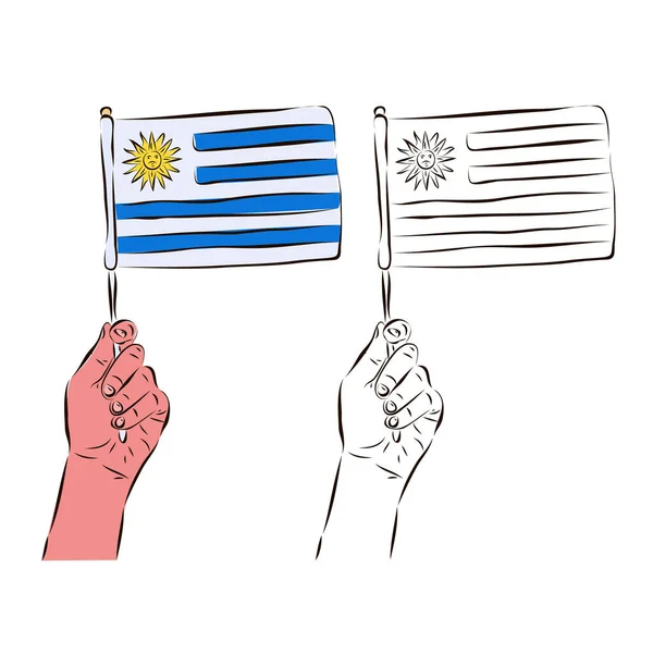 Σημαία Της Ουρουγουάης Στο Χέρι Ενός Έγχρωμου Άντρα Και Ασπρόμαυρου — Διανυσματικό Αρχείο