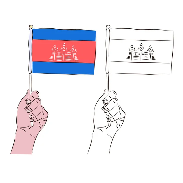 Bandiera Della Cambogia Nella Mano Uomo Colori Bianco Nero Concetto — Vettoriale Stock