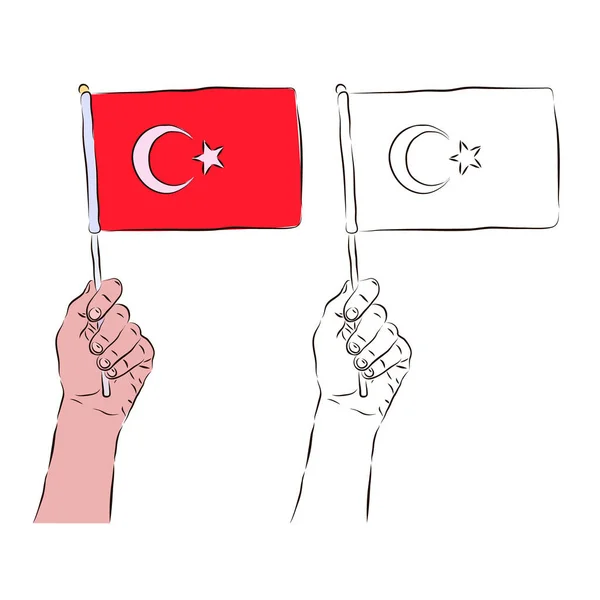 土耳其的国旗在一个有色人种和黑白人种的手里 爱国主义的概念 — 图库矢量图片