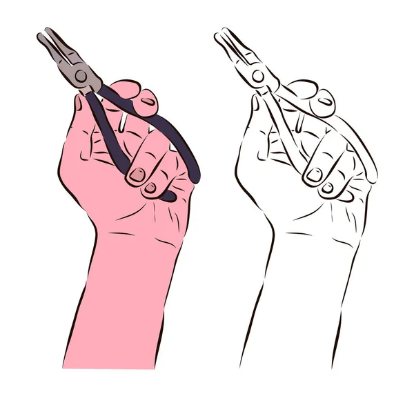 手は仕事のためのペンチを保持します ペンチで作業するというコンセプト — ストックベクタ