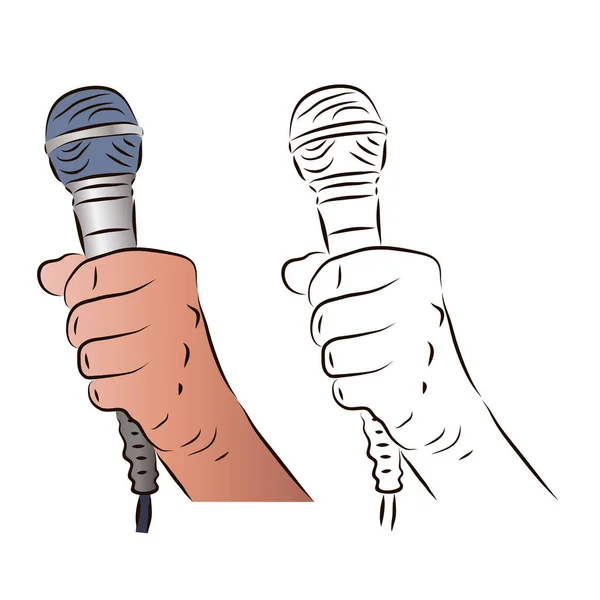 Hand Holds Microphone Color Black White Image Concept News Karaoke — Stock Vector
