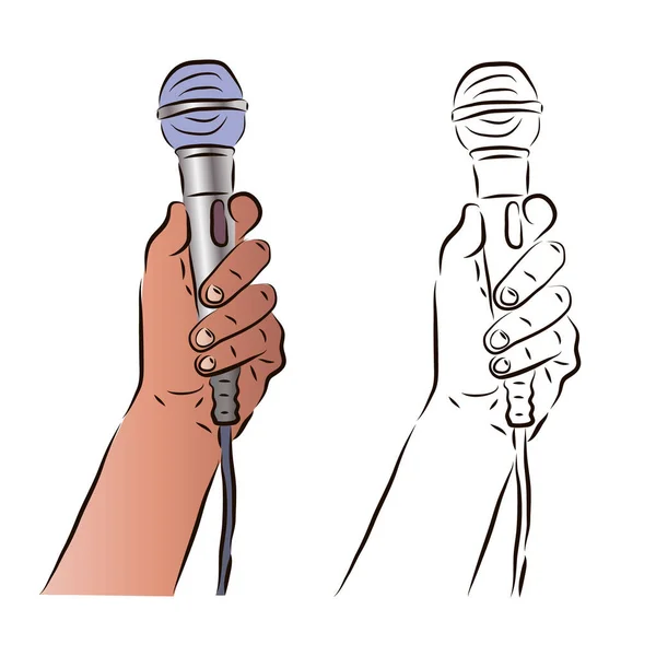 Mão Segura Microfone Uma Imagem Preto Branco Conceito Notícias Karaoke — Vetor de Stock