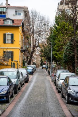 Arabalar yol kenarındaki evlerin yanında park halinde. Evler boyunca yol perspektifi.