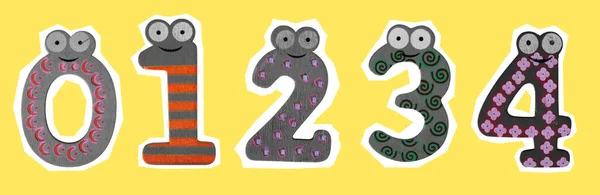 Collage of numbers from zero to four or 0-4 with eyes, collage art on yellow background. Children\'s collage numbers, black and white cutout.