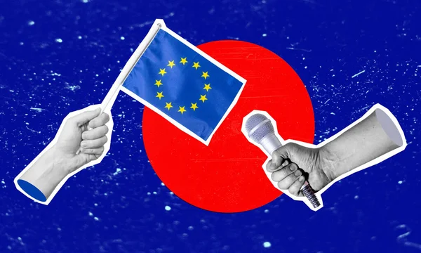 Umění Koláže Koláž Ruky Držící Vlajku Evropské Unie Mikrofon Druhé — Stock fotografie