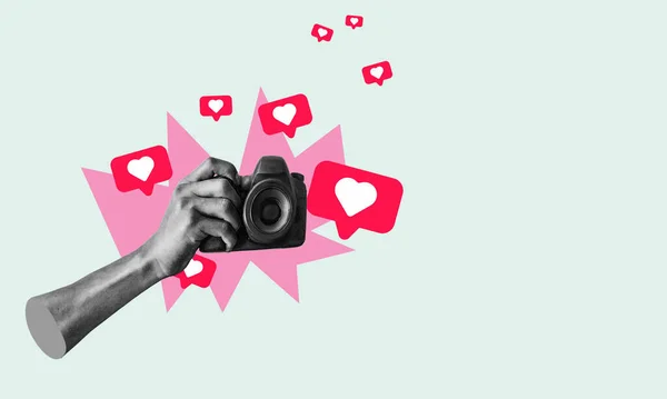 Art collage, Contemporary art collage with a man's hand holding a camera, taking a picture against a light-coloured background. Social media concept, influence, popularity, modern lifestyle and advertising