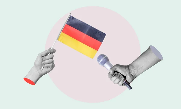 艺术拼贴 手握德国国旗的拼贴 话筒的拼贴 与德国浅色背景的概念访谈 — 图库照片