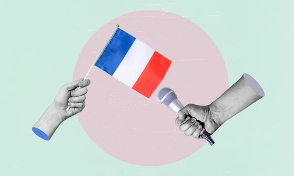 Художественный Коллаж Коллаж Руки Флагом Франции Микрофон Другой Руке Концептуальное — стоковое фото