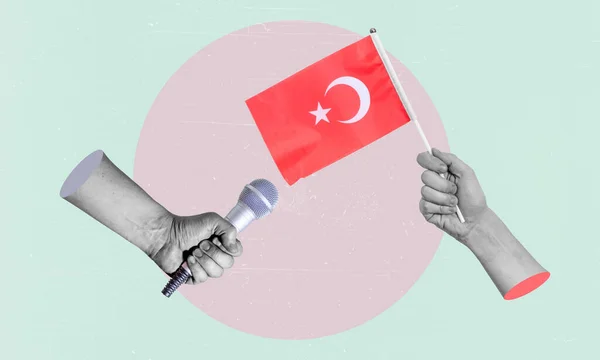 Художественный Коллаж Коллаж Руки Флагом Турции Микрофон Другой Руке Концептуальное — стоковое фото