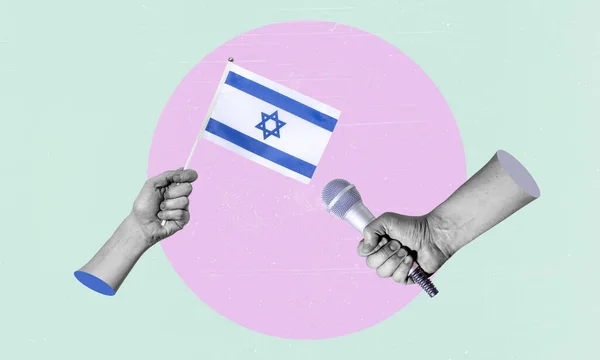 アートのコラージュ イスラエルの国旗を掲げた手のコラージュ マイク イスラエルとのインタビューの概念 — ストック写真