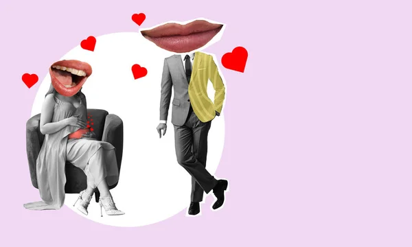 Art collage, modern art, man and woman with big lips, woman sitting pregnant on a chair, man next to her. The concept of love of a married couple.
