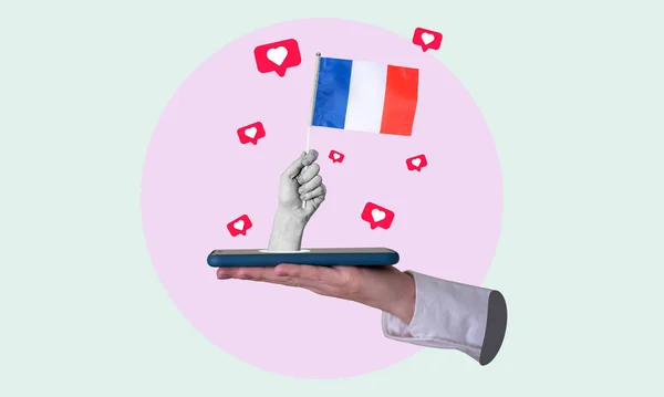 Художественный Коллаж Женская Рука Выходит Телефона Французским Флагом Светлом Фоне — стоковое фото