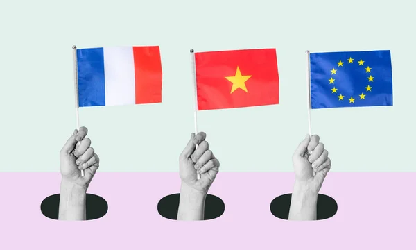 Koláž Současného Umění Vlajky Evropské Unie Francie Číny Vyvěrají Zdi — Stock fotografie