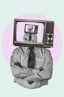 Sanat kolajı, kafası yerine televizyonu olan bir adamın modern sanat kolajı, televizyon seti içinde televizyon. Reklam ve propaganda için kavram yeri, haberler.