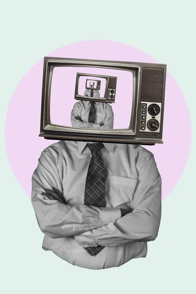 Art collage, Modern art collage of a man with a TV instead of his head, TV in a TV set. Concept place for advertising or propaganda, news.