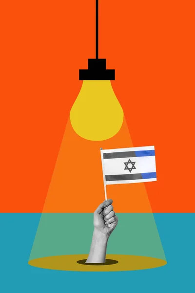Κολάζ Τέχνης Λάμπα Λάμπει Στην Ισραηλινή Σημαία Στο Χέρι Έννοια — Φωτογραφία Αρχείου
