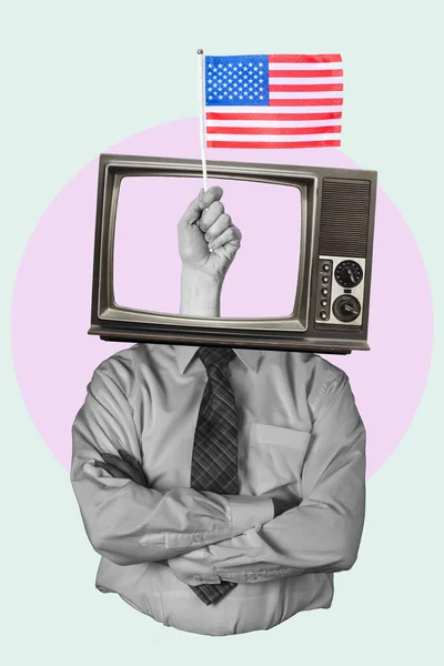 Collage Arte Bandera Americana Televisión Hombre Pie Camisa Sobre Fondo — Foto de Stock