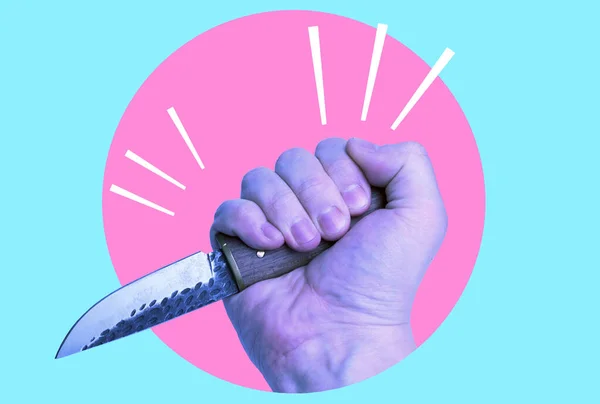 Art Collage Χέρι Κρατά Ένα Μεταλλικό Μαχαίρι Για Την Έννοια — Φωτογραφία Αρχείου