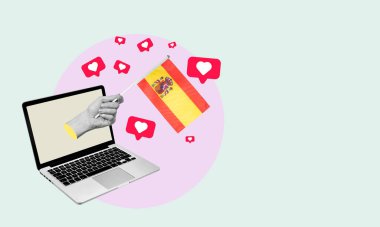 Sanat kolajı, arka planda kalp ve havlayan bir laptoptan İspanyol bayrağı taşıyan el. Haber kavramı ya da İspanya 'daki bir dizüstü bilgisayardan yayın.