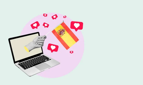 Colagem Arte Mão Com Bandeira Espanhola Laptop Com Corações Latidos — Fotografia de Stock