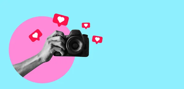 Art collage, Contemporary art collage with a man\'s hand holding a camera, taking a picture against a light-coloured background. Social media concept, influence, popularity, modern lifestyle and advertising