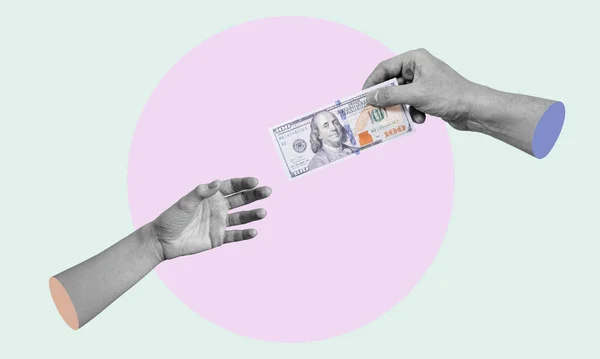 Art collage, hands with money, hands reaching for money. Concept of business and finance.
