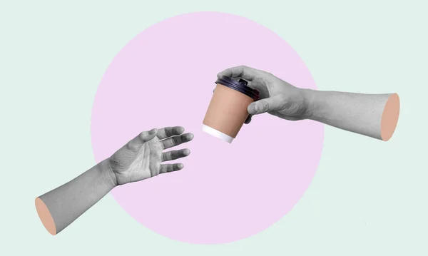 Colagem Arte Contemporânea Com Mãos Humanas Segurando Uma Xícara Papel — Fotografia de Stock