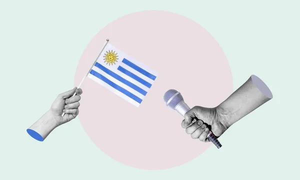 Καλλιτεχνικό Κολάζ Κολάζ Χεριού Που Κρατάει Σημαία Της Ουρουγουάης Μικρόφωνο — Φωτογραφία Αρχείου