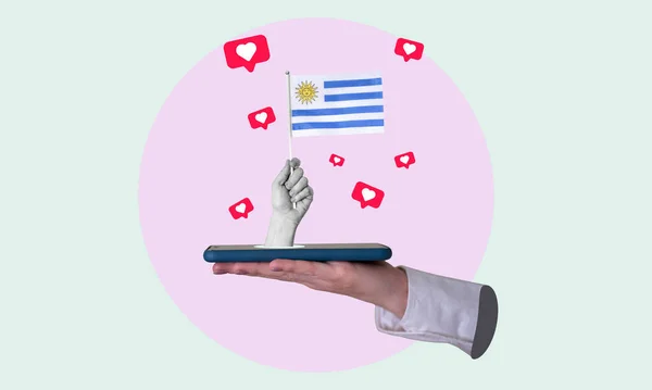 Umělecká Koláž Ženská Ruka Vychází Telefonu Vlajkou Uruguaye Lehkém Pozadí — Stock fotografie