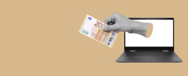 Yaratıcı fotoğraf kolajı postal posteri afişi. Netbook içindeki abonelik için para ödemesi ve metin için yer. Bilgisayarda çalışma kavramı.