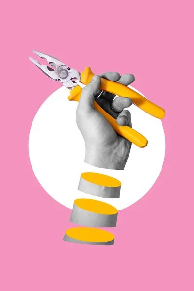 Collage Arte Mano Hombre Sosteniendo Alicates Amarillos Sobre Fondo Rosa —  Fotos de Stock