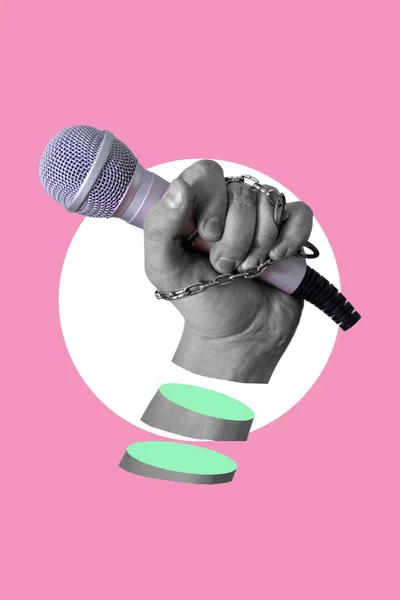 Arte Colagem Mão Com Microfone Fundo Rosa Colagem Moderna Conceito — Fotografia de Stock