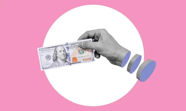 Art collage, the hand with money on a pink background. Concept of business and finance.