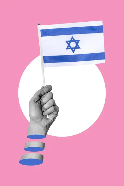 Konstcollage Hand Med Israels Flagga Rosa Bakgrund Begreppet Upplyst Israelisk — Stockfoto
