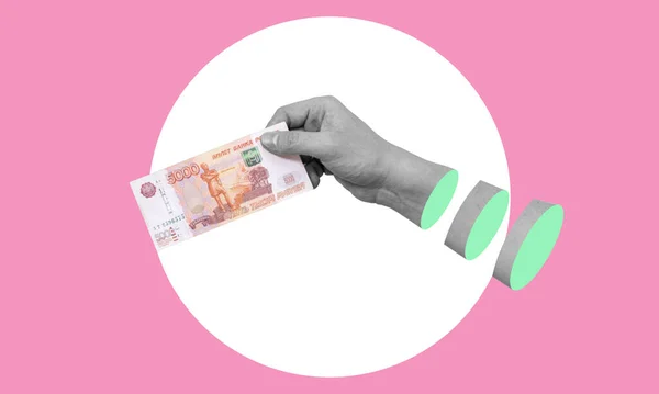 Colagem Arte Mãos Com Dinheiro Com Dinheiro Russo Fundo Rosa — Fotografia de Stock