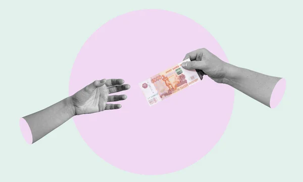 Kunstcollage Hände Mit Geld Hände Mit Rubel Die Nach Geld — Stockfoto