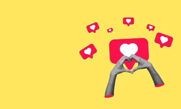 Social media icons. Modern art collage of hands making a heart shape on a yellow background. Concept of social media addiction, popularity, influence, modern lifestyle, and advertising