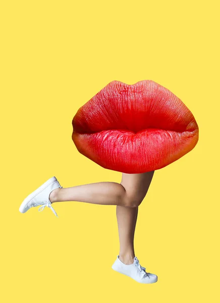 stock image A collage of modern art. Female legs with red lips on a yellow background. Concept of beauty and style.