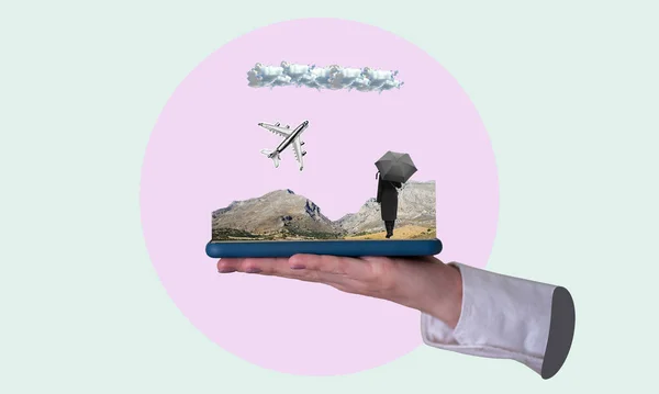 当代艺术的数字拼贴 一只手牵着带着高山的电话 一个拿着雨伞的女孩 一架飞机飞向天空 — 图库照片
